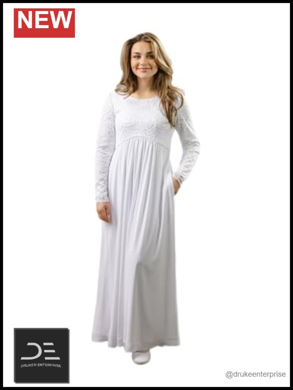 Women's Long Sleeve Lace Bodice Empire Waist Maxi Dress